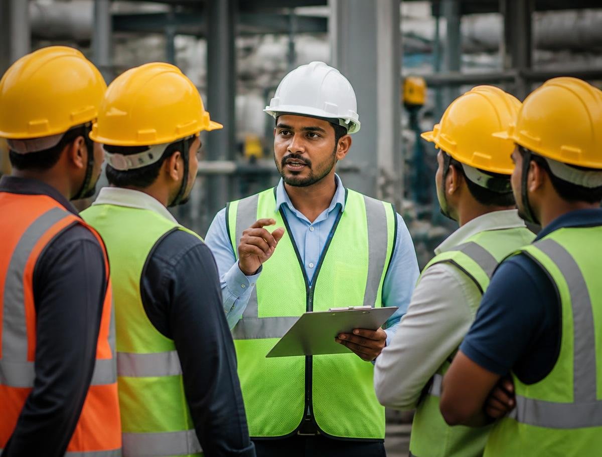 Supervisor briefing industrial workers and machine operators at a plant