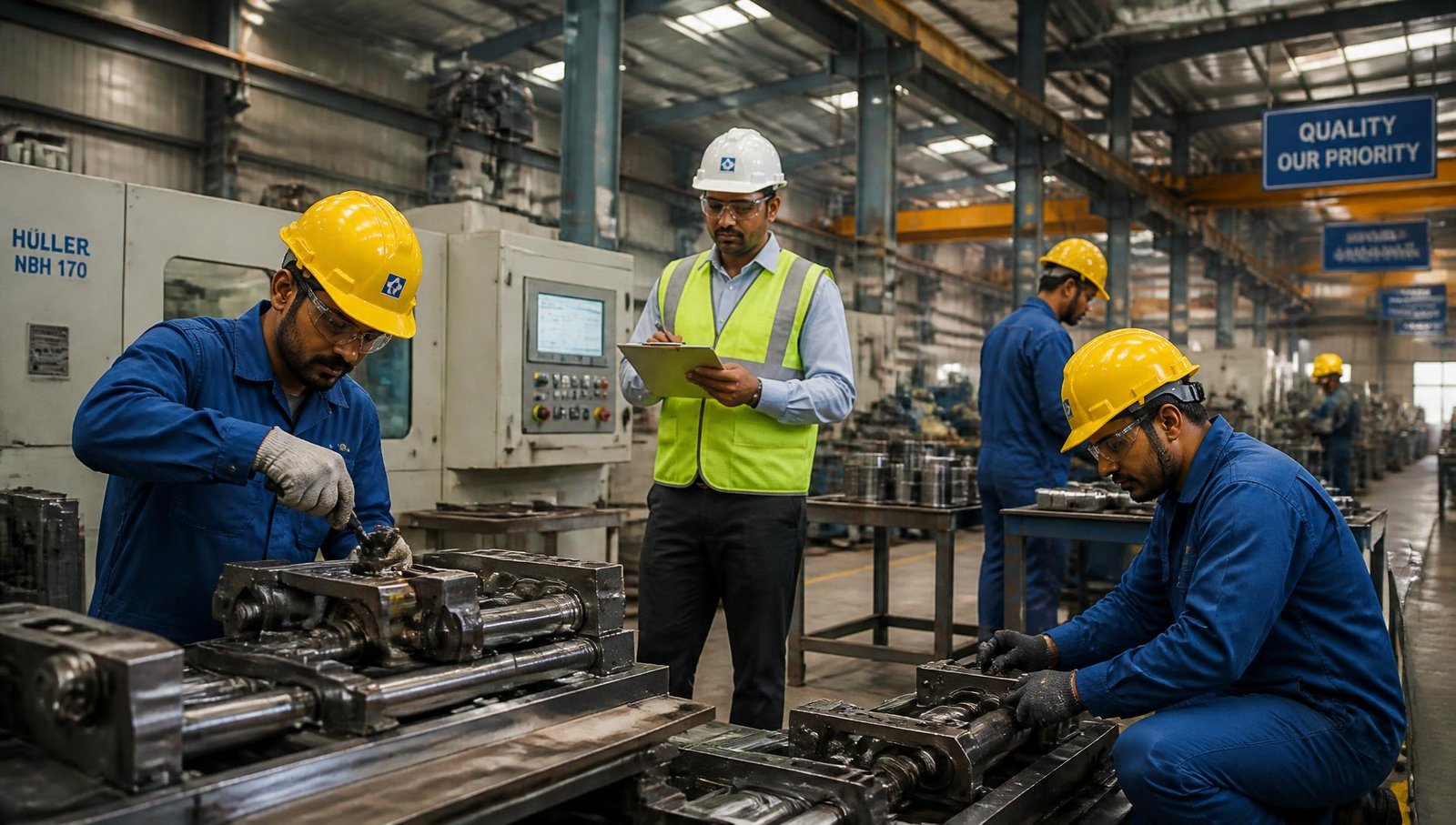 Industrial workers and a supervisor on a factory shop floor
